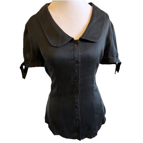 Y2K Bebe Black Silk Whimsygoth Top Classic SteamPunk Emo Cinched Waist Blouse M - Picture 1 of 16